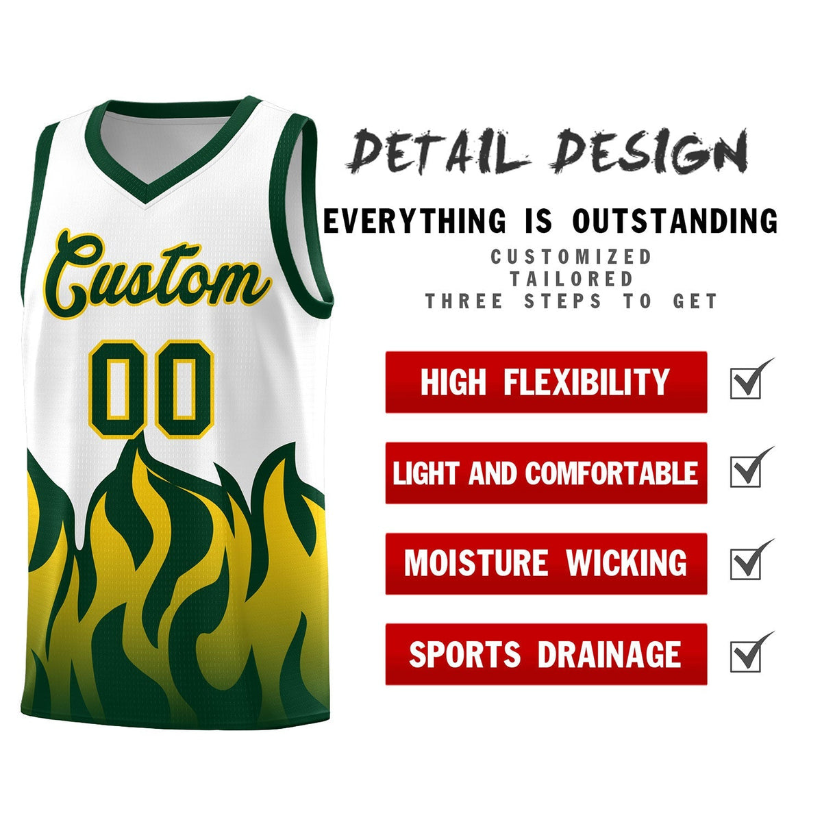 Custom White Hunter Green Hem Flame Pattern Fashion Sports Uniform Basketball Kits