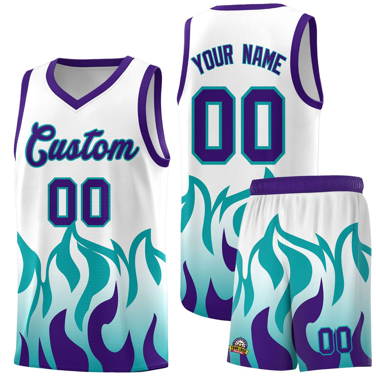 Custom White Aqua Hem Flame Pattern Fashion Sports Uniform Basketball Kits
