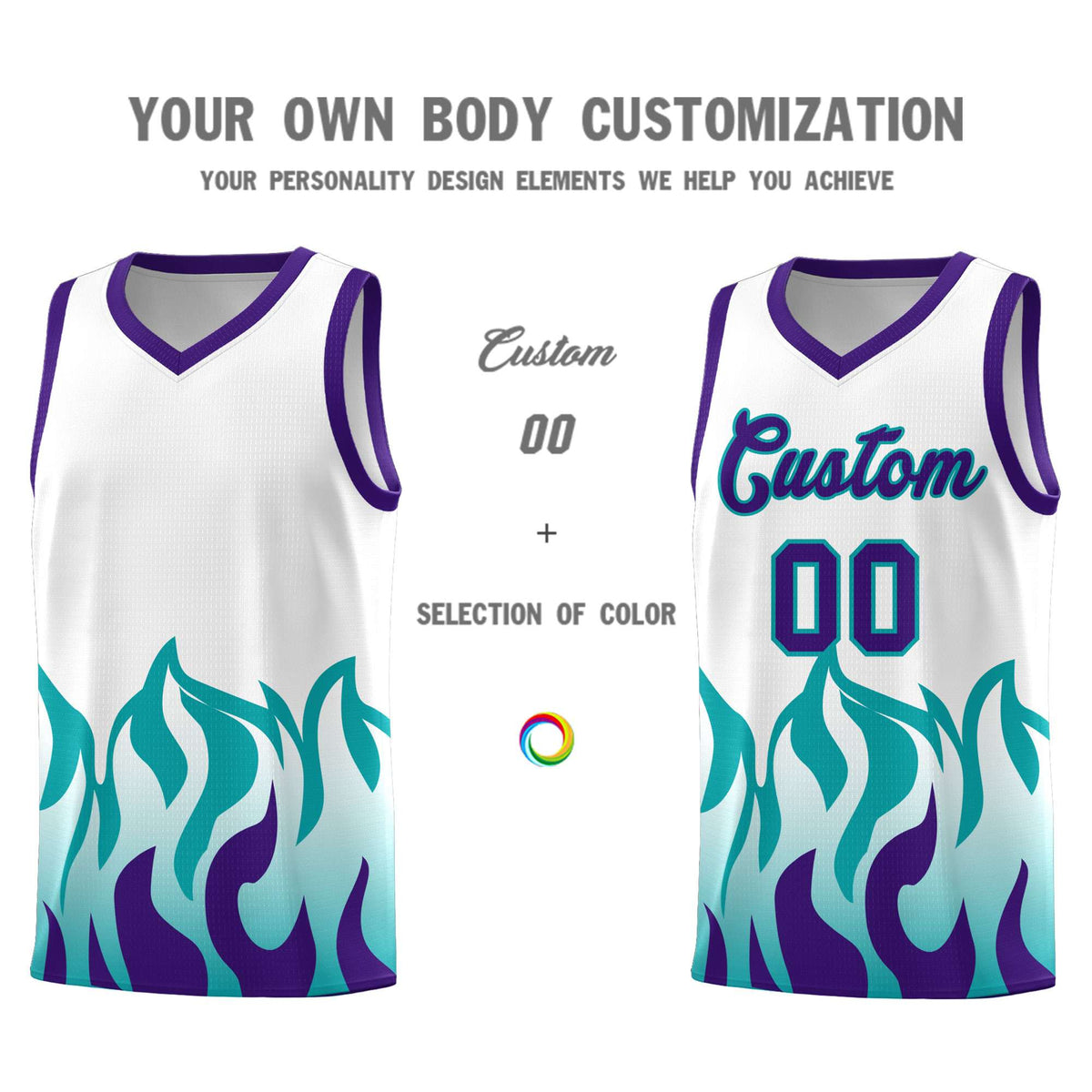 Custom White Aqua Hem Flame Pattern Fashion Sports Uniform Basketball Kits
