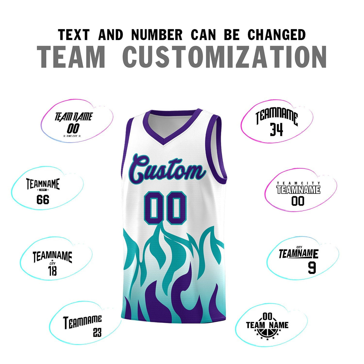 Custom White Aqua Hem Flame Pattern Fashion Sports Uniform Basketball Kits