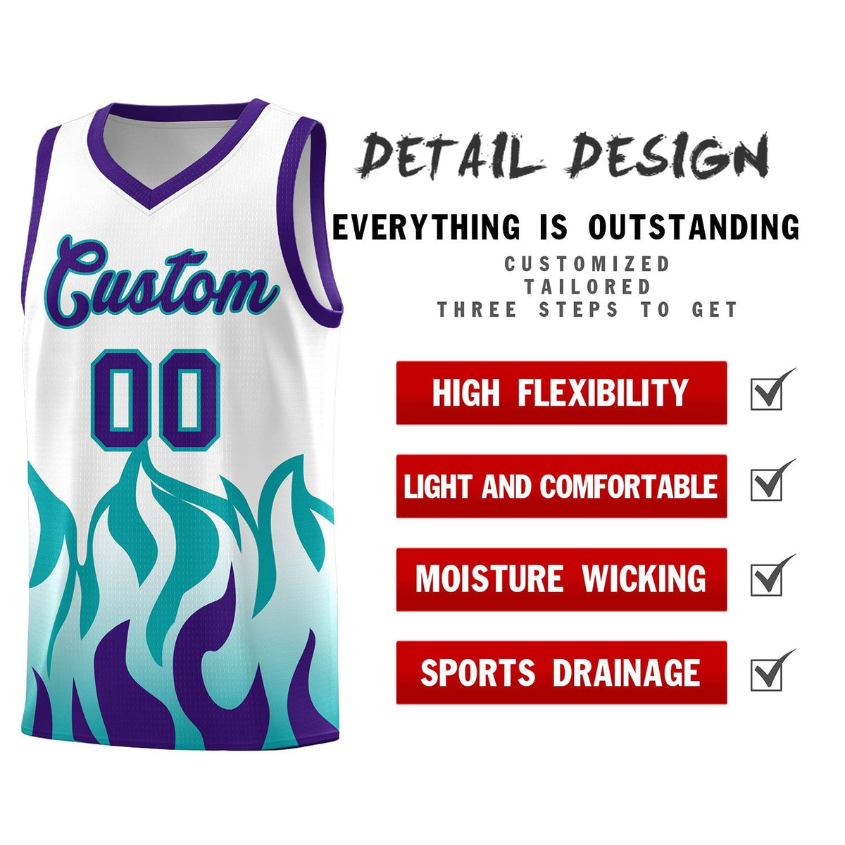 Custom White Aqua Hem Flame Pattern Fashion Sports Uniform Basketball Kits