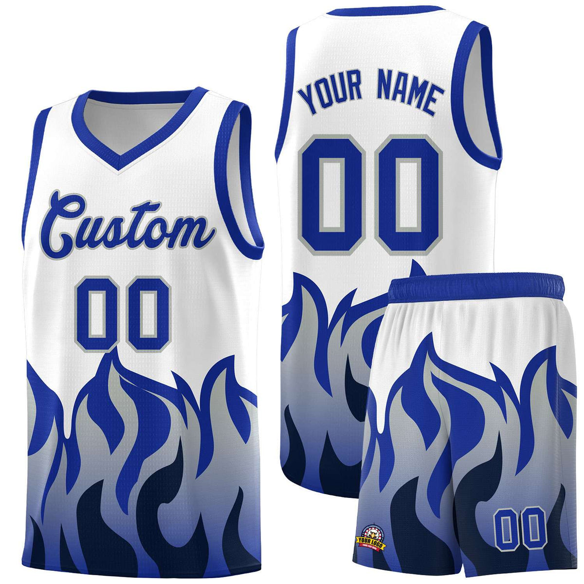 Custom White Royal Hem Flame Pattern Fashion Sports Uniform Basketball Kits