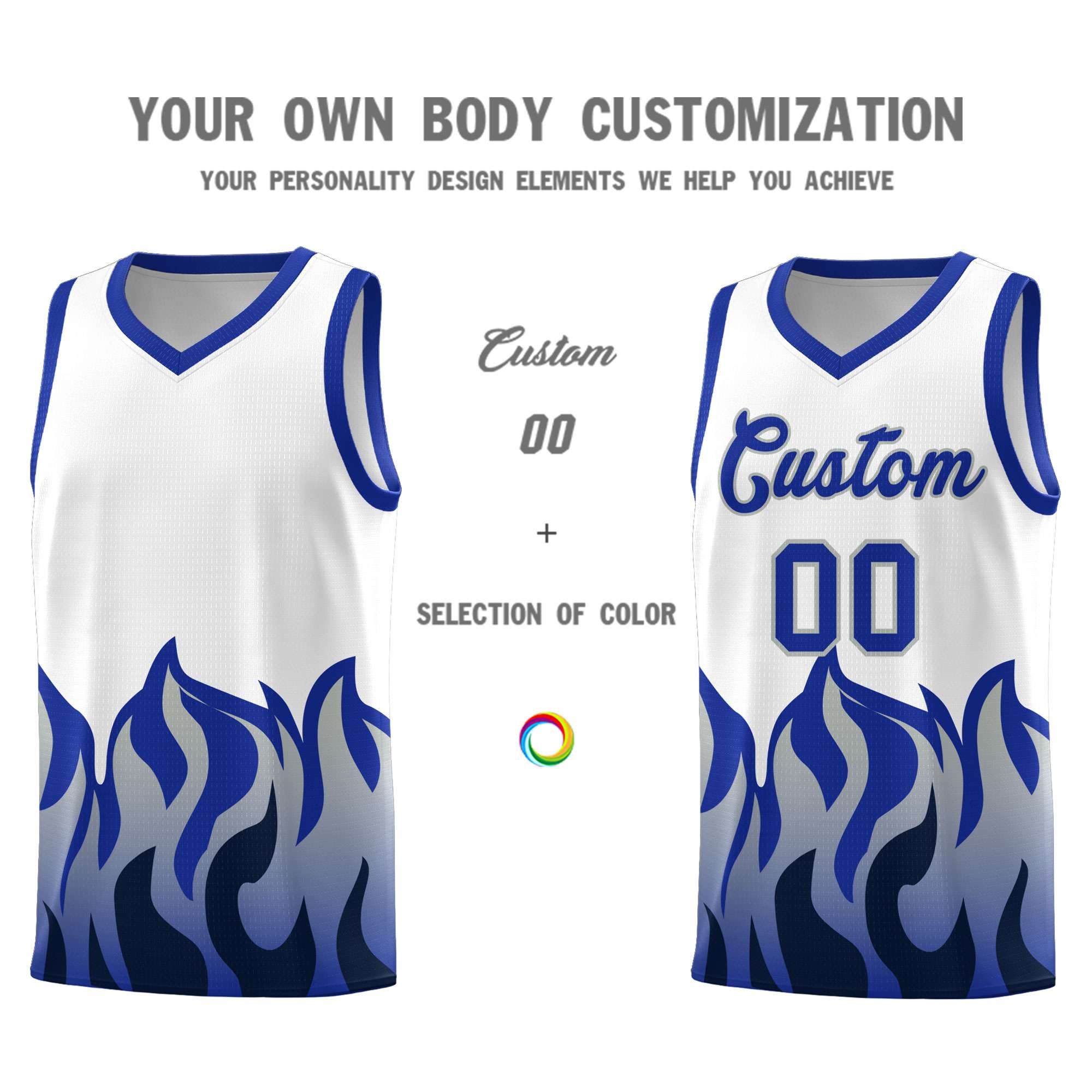 Custom White Royal Hem Flame Pattern Fashion Sports Uniform Basketball Kits