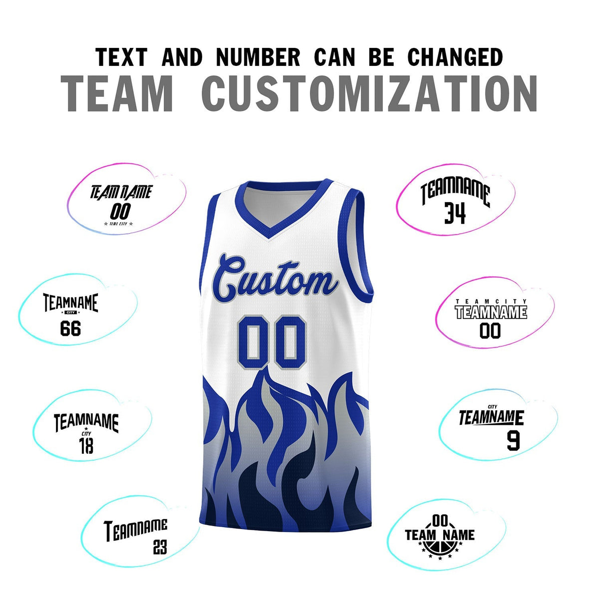 Custom White Royal Hem Flame Pattern Fashion Sports Uniform Basketball Kits