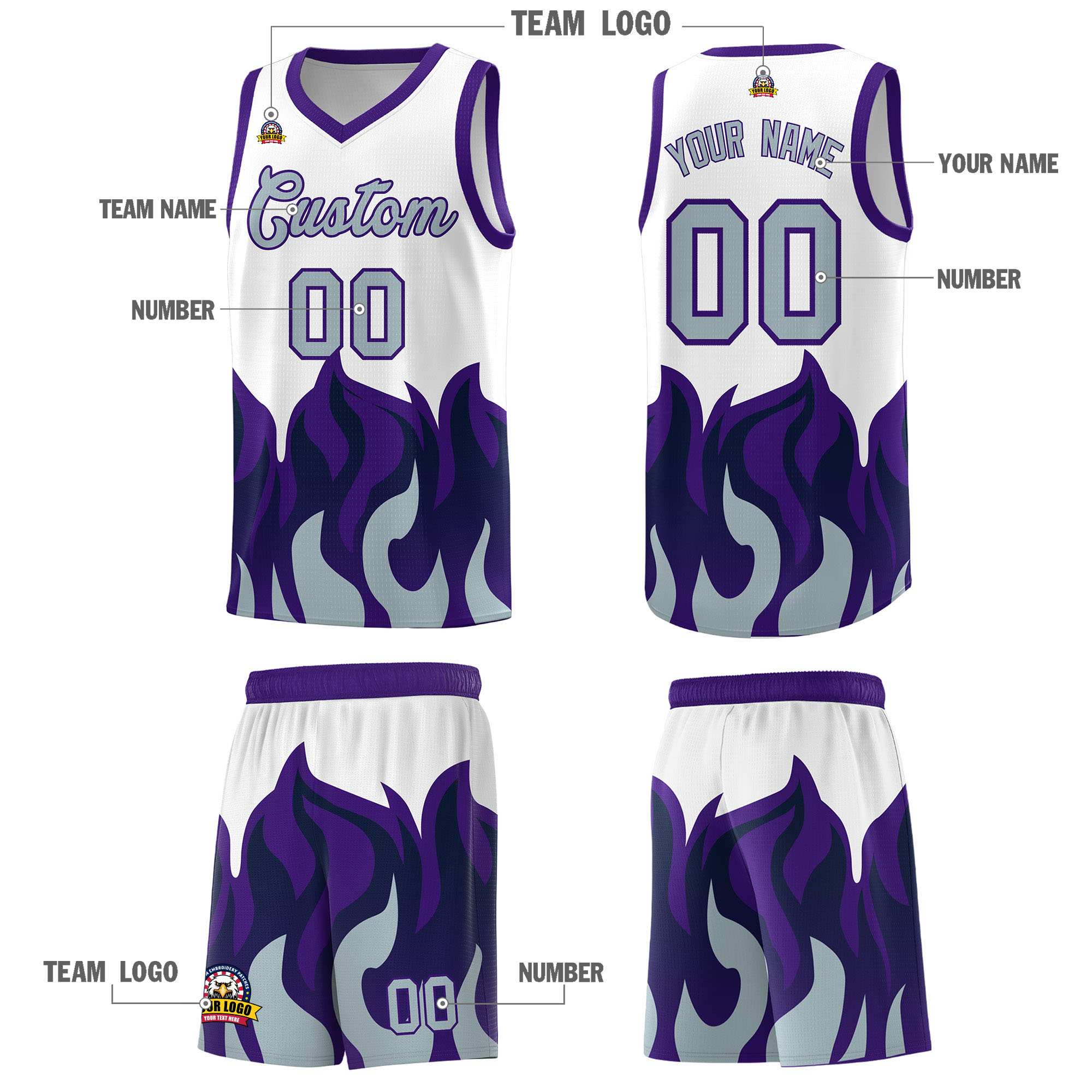 Custom White Purple Hem Flame Pattern Fashion Sports Uniform Basketball Kits
