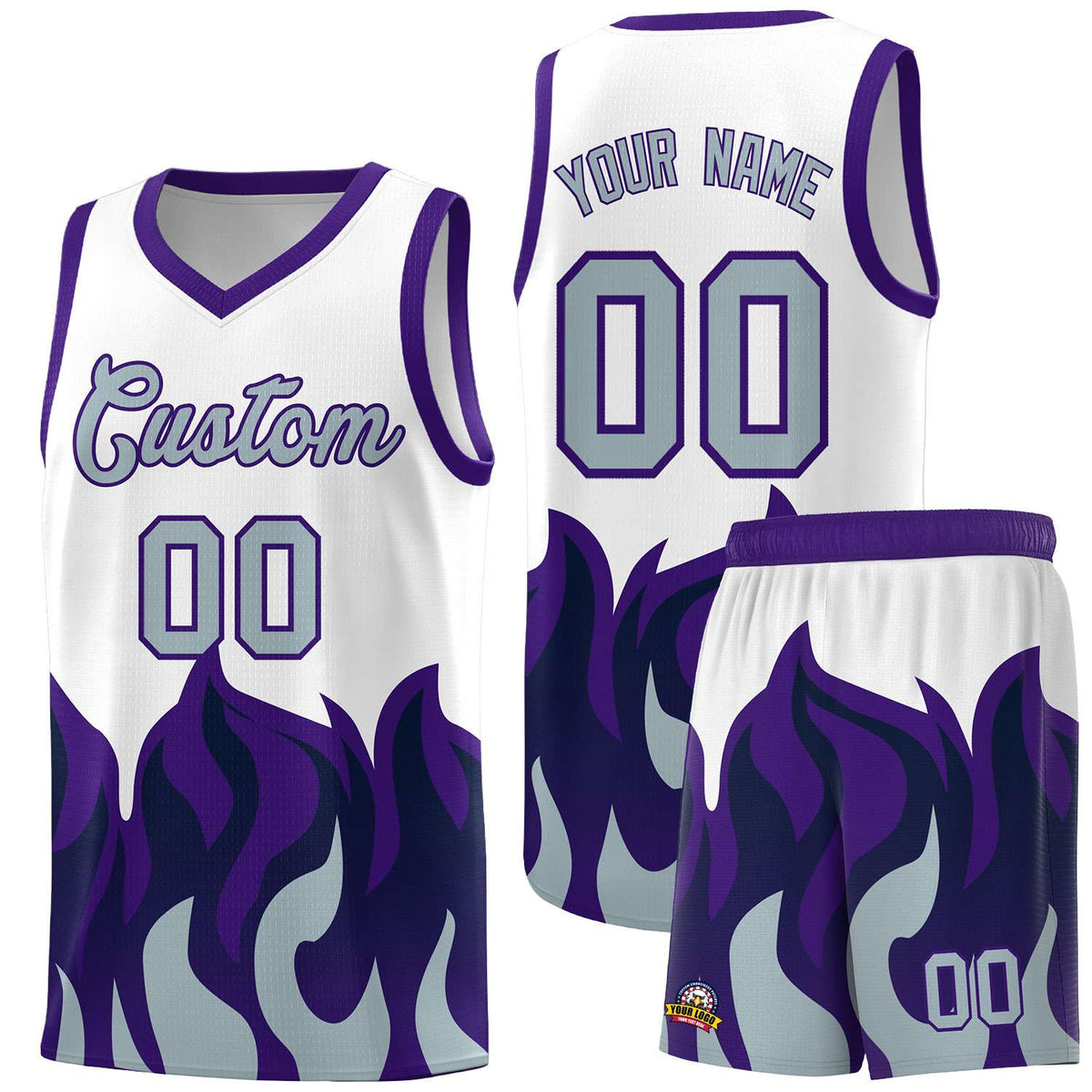 Custom White Purple Hem Flame Pattern Fashion Sports Uniform Basketball Kits