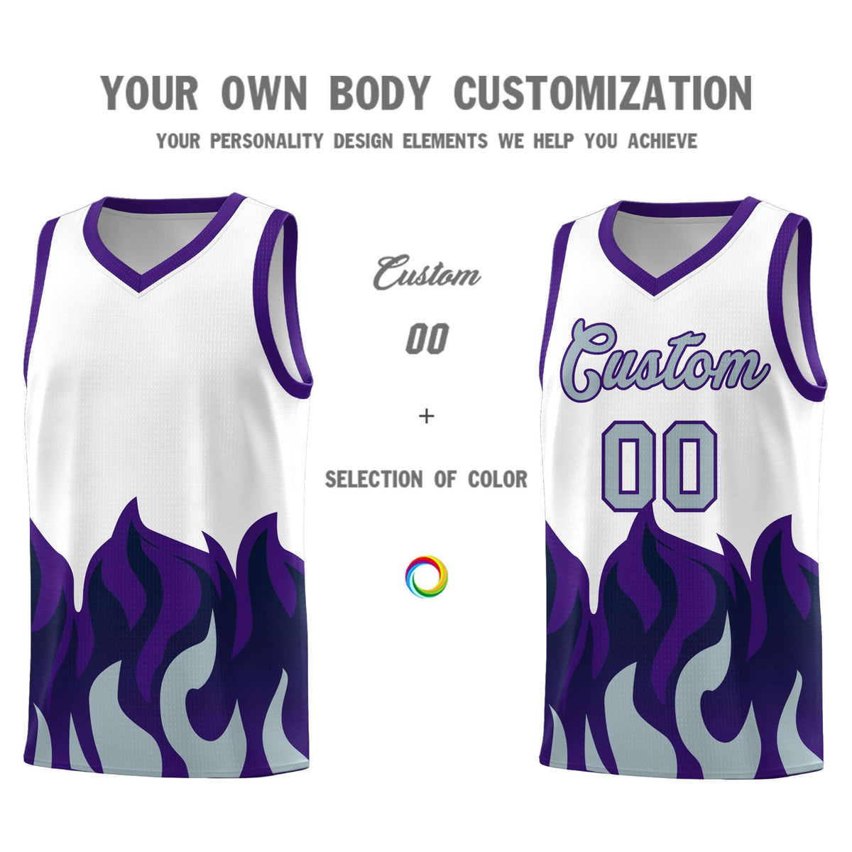 Custom White Purple Hem Flame Pattern Fashion Sports Uniform Basketball Kits