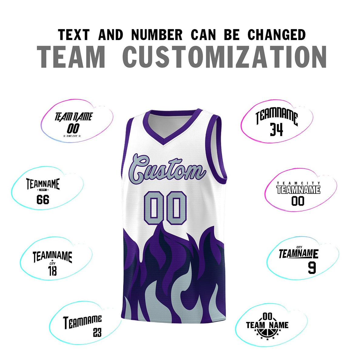 Custom White Purple Hem Flame Pattern Fashion Sports Uniform Basketball Kits
