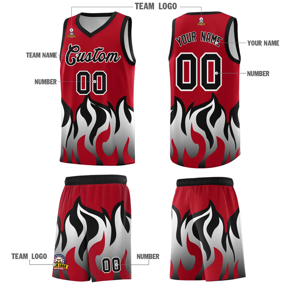Custom Red Black Hem Flame Pattern Fashion Sports Uniform Basketball Kits
