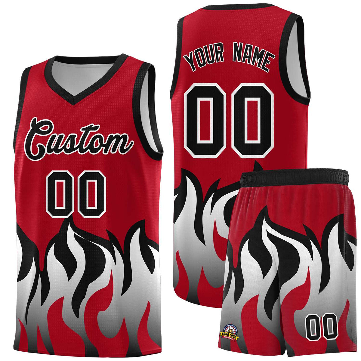 Custom Red Black Hem Flame Pattern Fashion Sports Uniform Basketball Kits