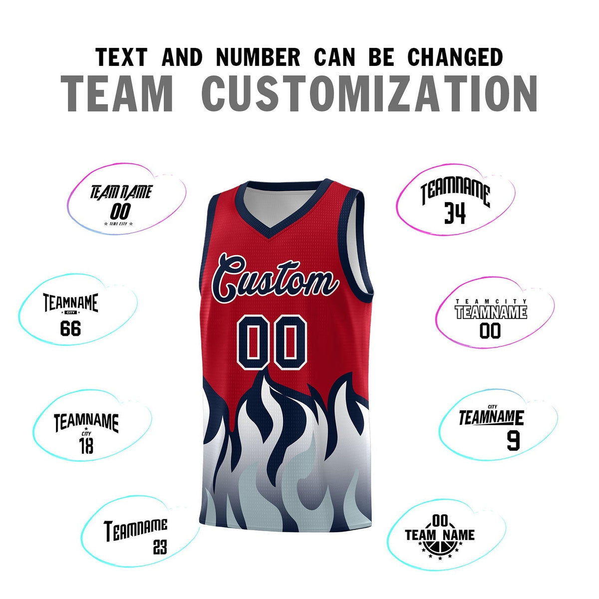 Custom Red Navy Hem Flame Pattern Fashion Sports Uniform Basketball Kits