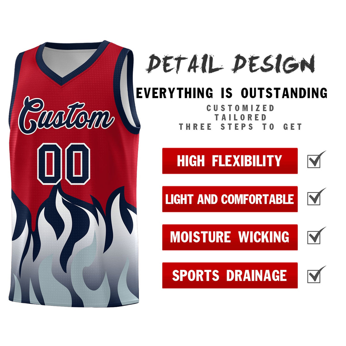 Custom Red Navy Hem Flame Pattern Fashion Sports Uniform Basketball Kits