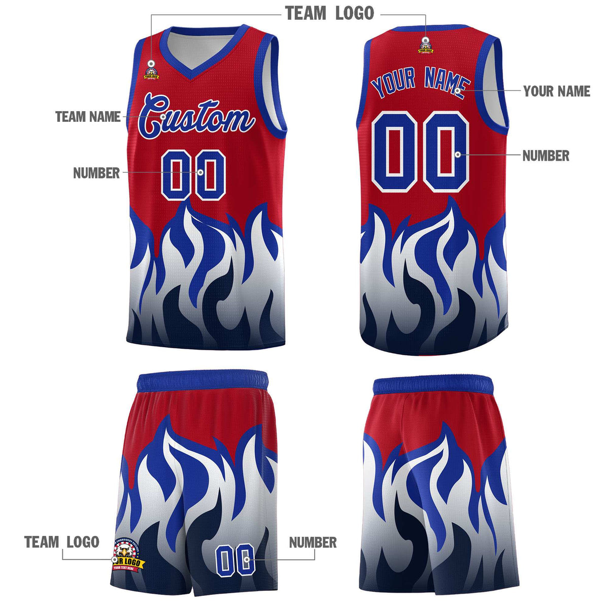 Custom Red Royal Hem Flame Pattern Fashion Sports Uniform Basketball Kits