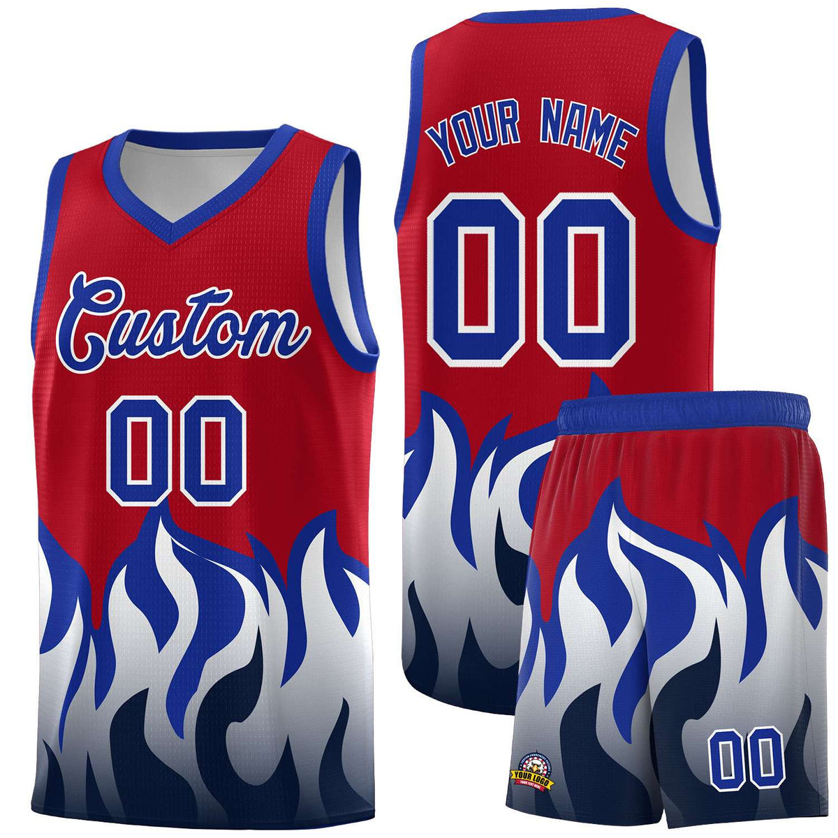 Custom Red Royal Hem Flame Pattern Fashion Sports Uniform Basketball Kits