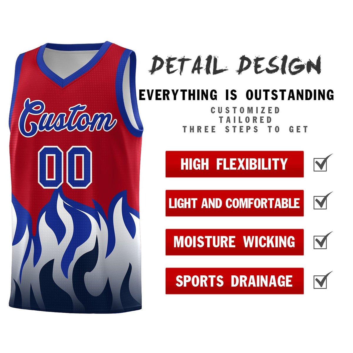 Custom Red Royal Hem Flame Pattern Fashion Sports Uniform Basketball Kits
