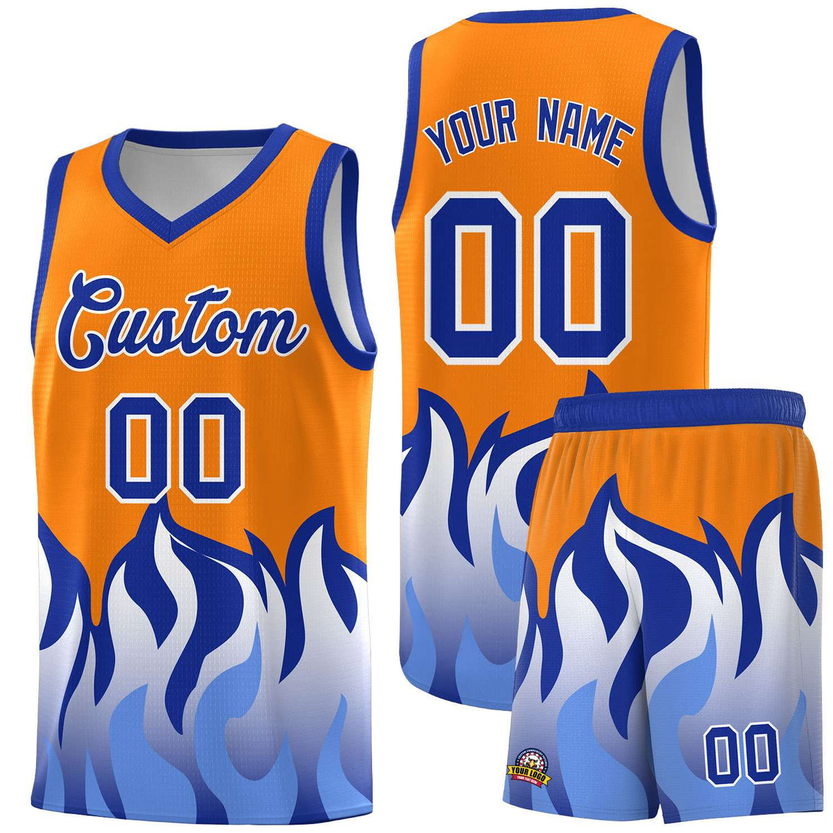 Custom Orange Royal Hem Flame Pattern Fashion Sports Uniform Basketball Kits