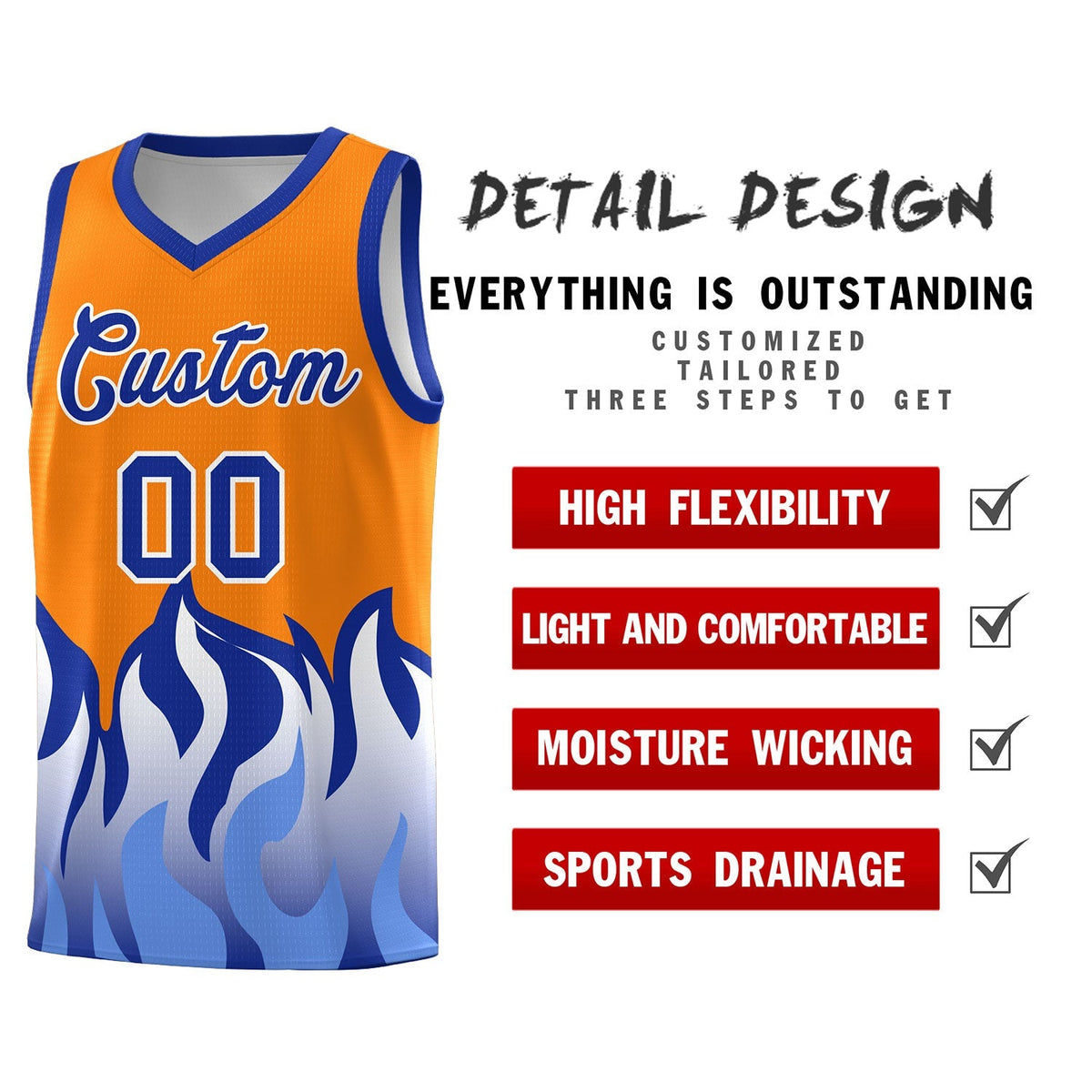 Custom Orange Royal Hem Flame Pattern Fashion Sports Uniform Basketball Kits