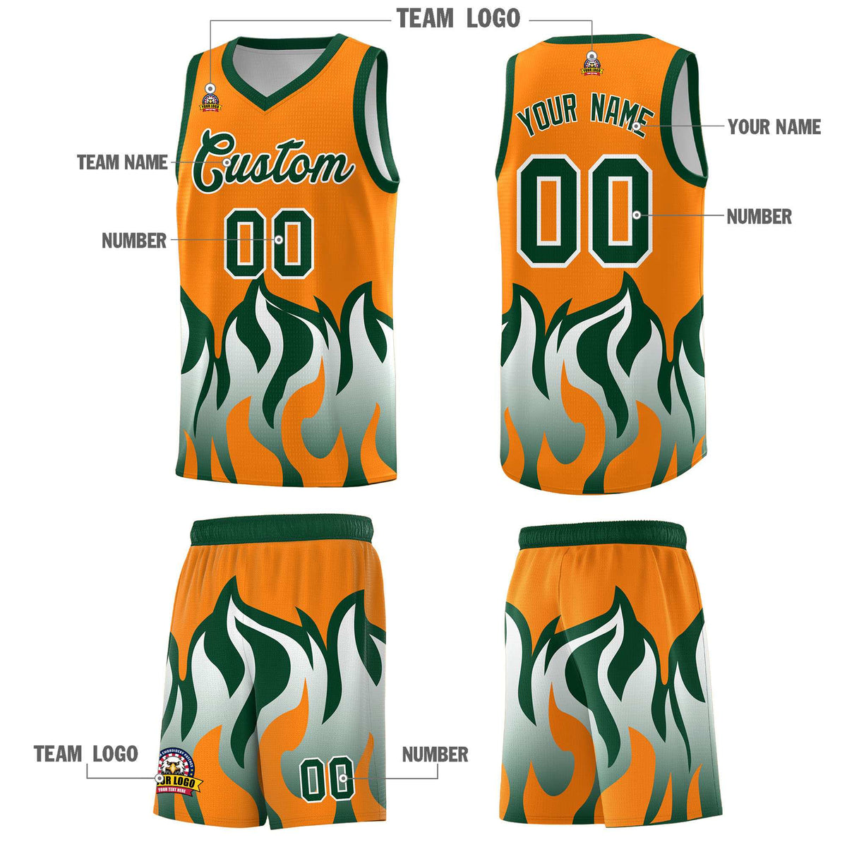 Custom Orange Hunter Green Hem Flame Pattern Fashion Sports Uniform Basketball Kits