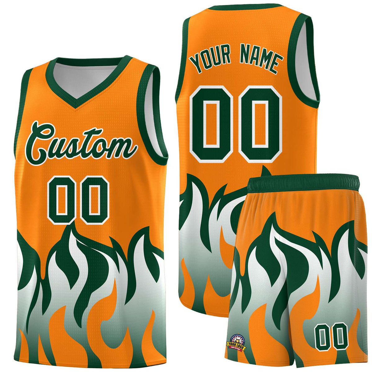 Custom Orange Hunter Green Hem Flame Pattern Fashion Sports Uniform Basketball Kits