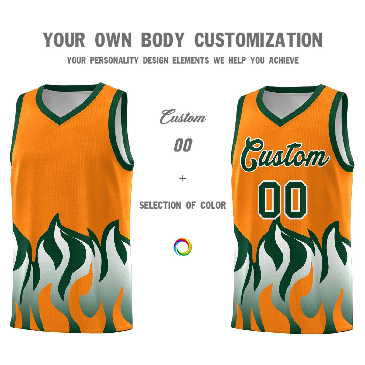 Custom Orange Hunter Green Hem Flame Pattern Fashion Sports Uniform Basketball Kits