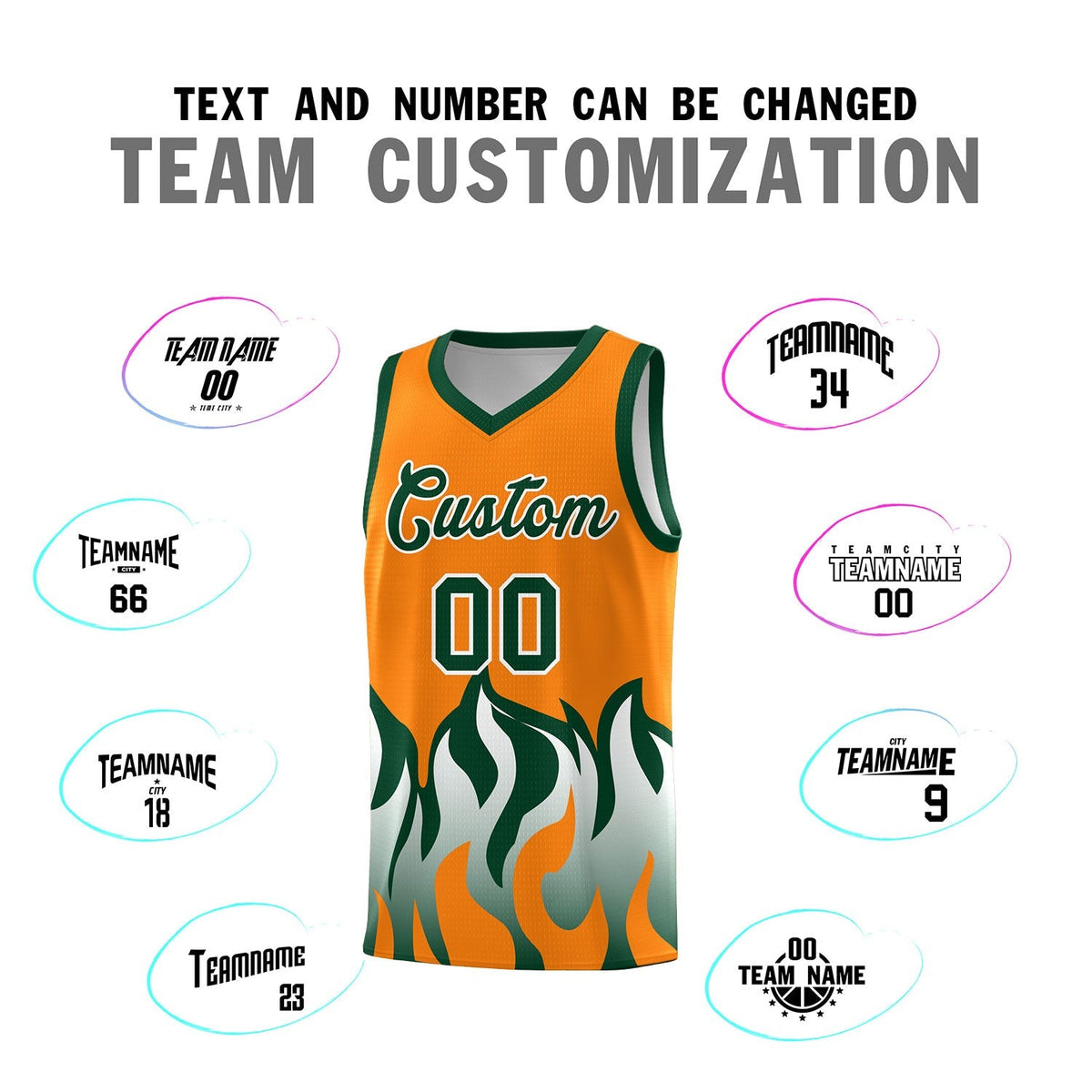 Custom Orange Hunter Green Hem Flame Pattern Fashion Sports Uniform Basketball Kits
