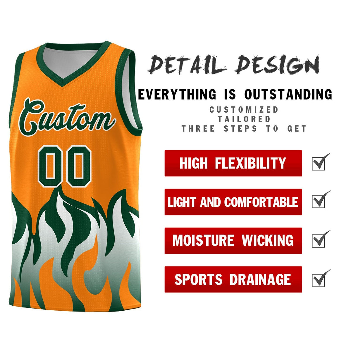 Custom Orange Hunter Green Hem Flame Pattern Fashion Sports Uniform Basketball Kits
