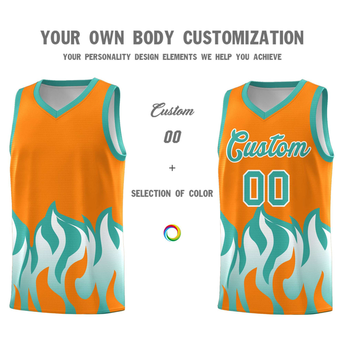 Custom Orange Bright Green Hem Flame Pattern Fashion Sports Uniform Basketball Kits