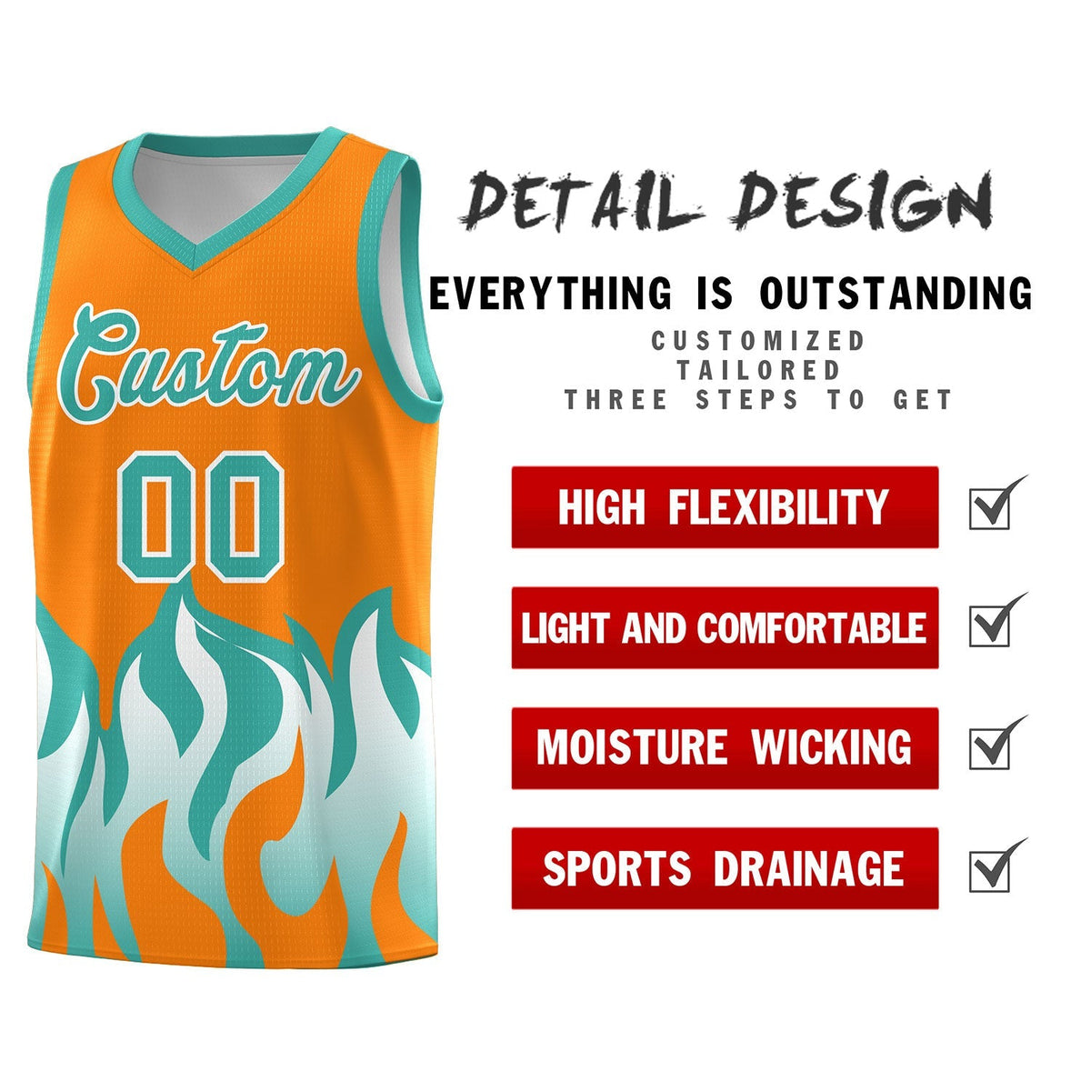 Custom Orange Bright Green Hem Flame Pattern Fashion Sports Uniform Basketball Kits
