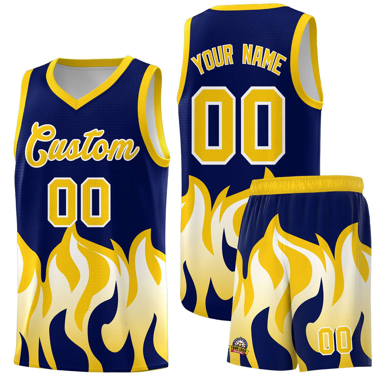 Custom Navy Gold Hem Flame Pattern Fashion Sports Uniform Basketball Kits