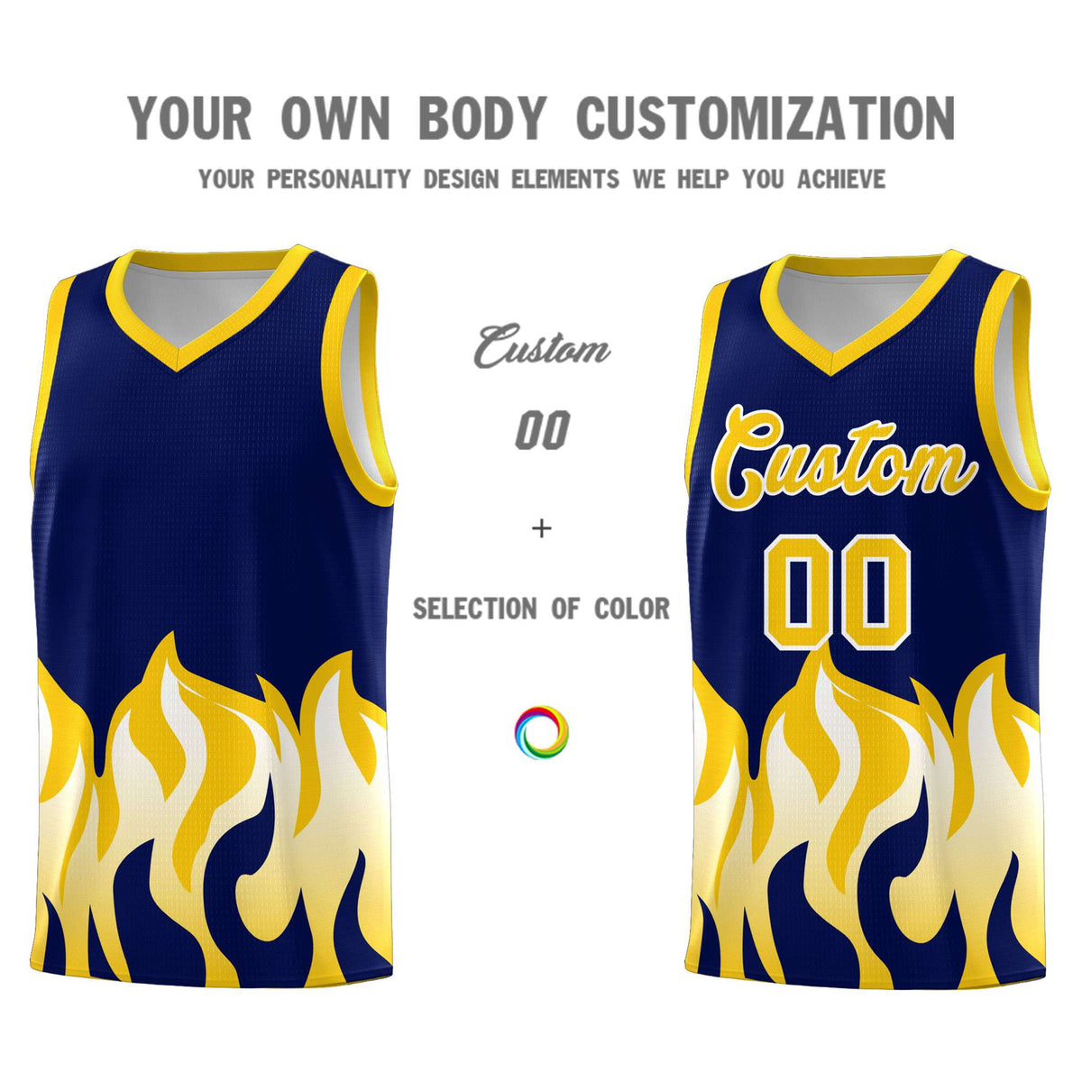 Custom Navy Gold Hem Flame Pattern Fashion Sports Uniform Basketball Kits