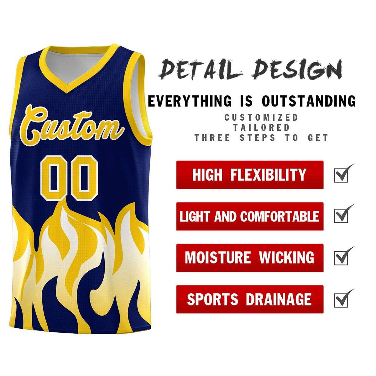 Custom Navy Gold Hem Flame Pattern Fashion Sports Uniform Basketball Kits
