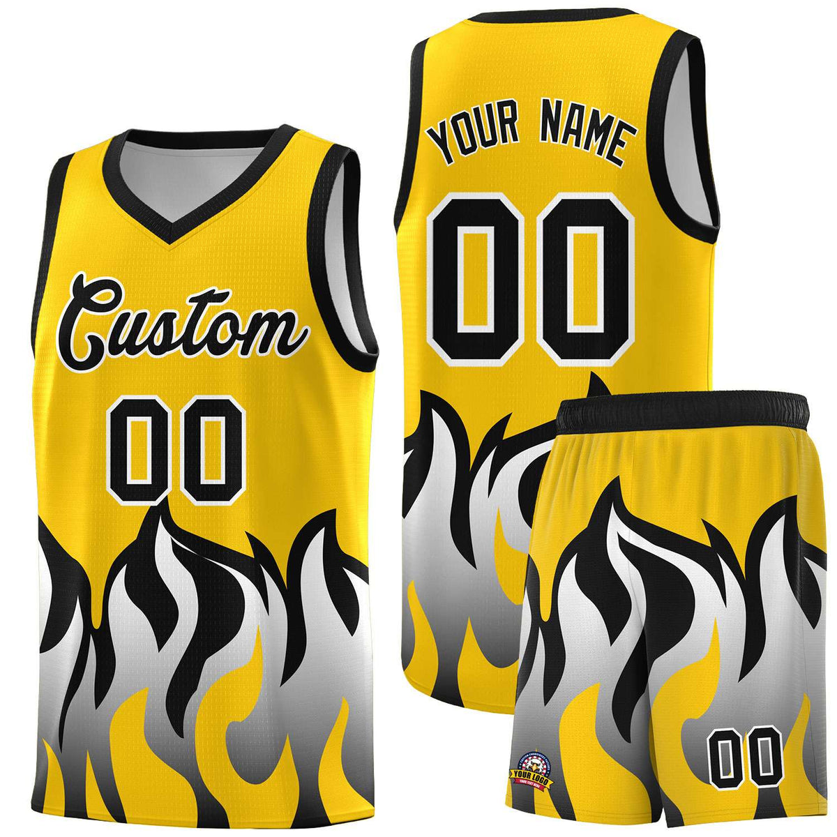 Custom Gold Black Hem Flame Pattern Fashion Sports Uniform Basketball Kits