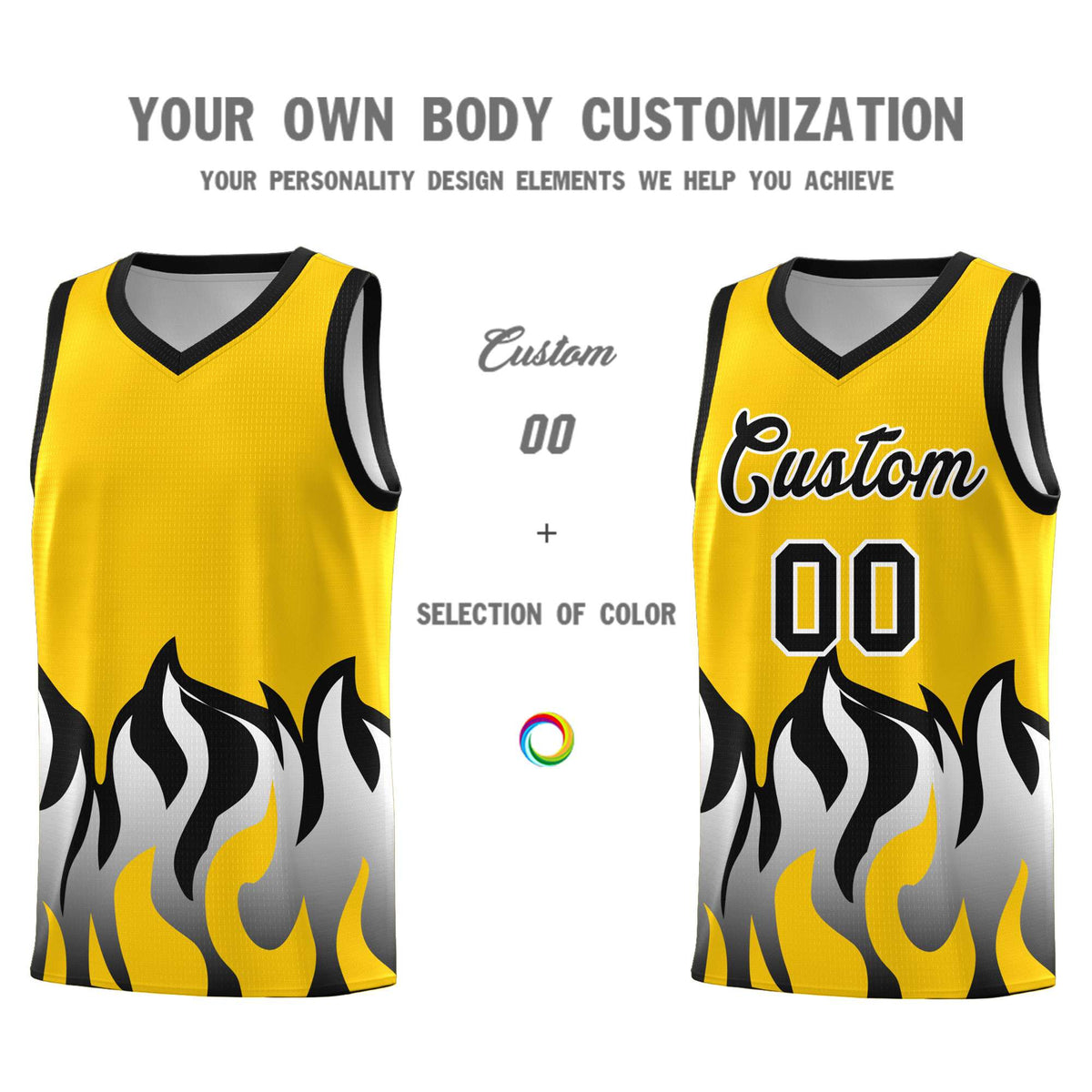 Custom Gold Black Hem Flame Pattern Fashion Sports Uniform Basketball Kits
