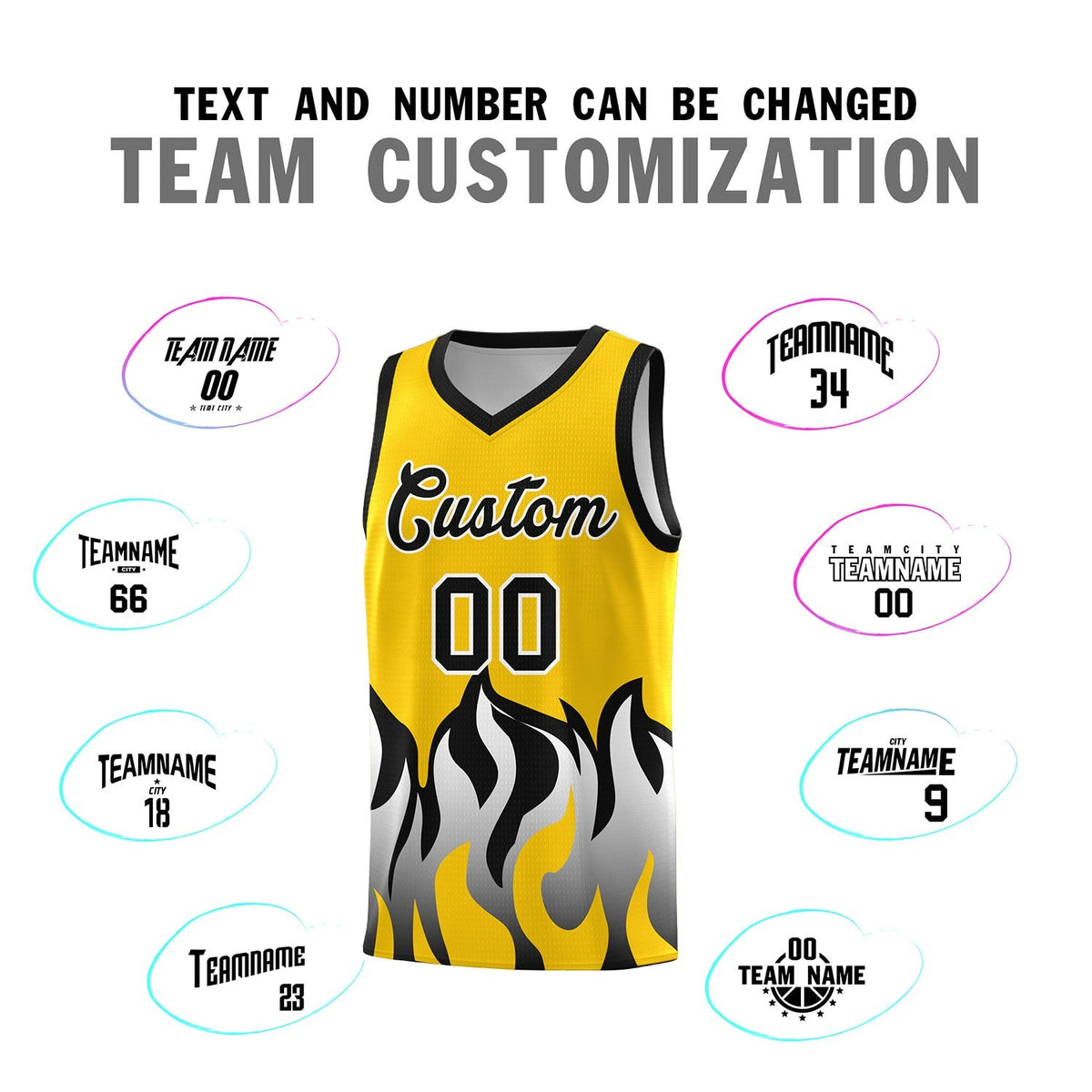 Custom Gold Black Hem Flame Pattern Fashion Sports Uniform Basketball Kits