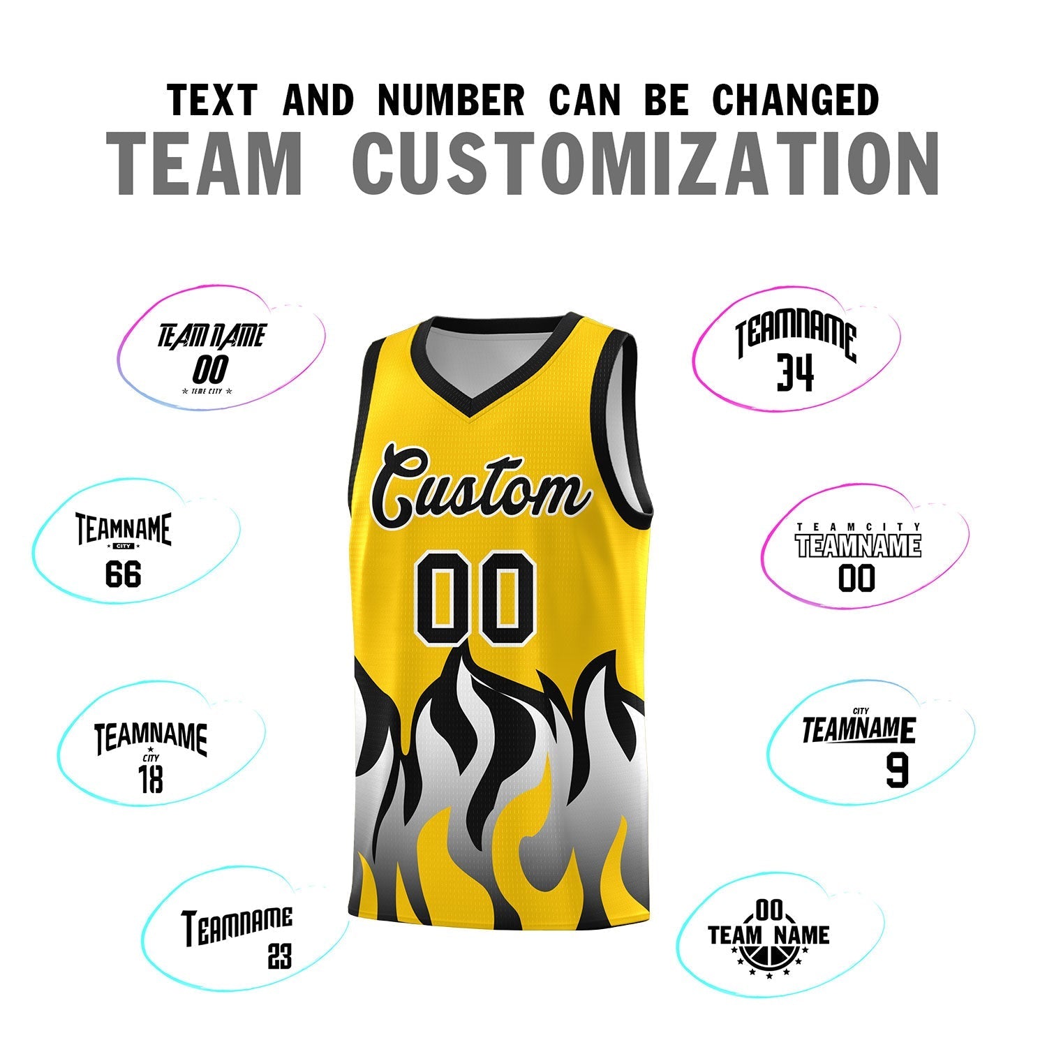 Custom Gold Black Hem Flame Pattern Fashion Sports Uniform Basketball Kits