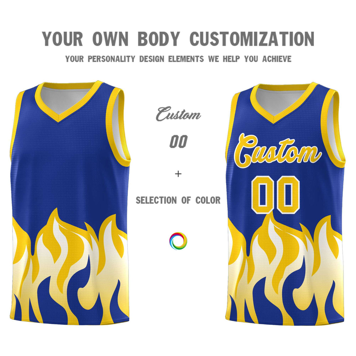 Custom Royal Gold Hem Flame Pattern Fashion Sports Uniform Basketball Kits