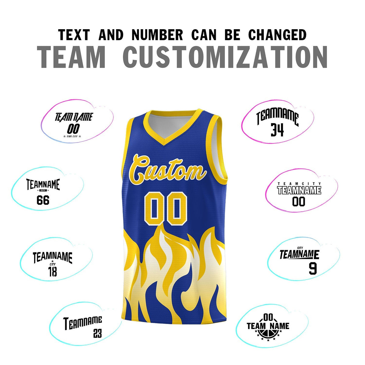 Custom Royal Gold Hem Flame Pattern Fashion Sports Uniform Basketball Kits