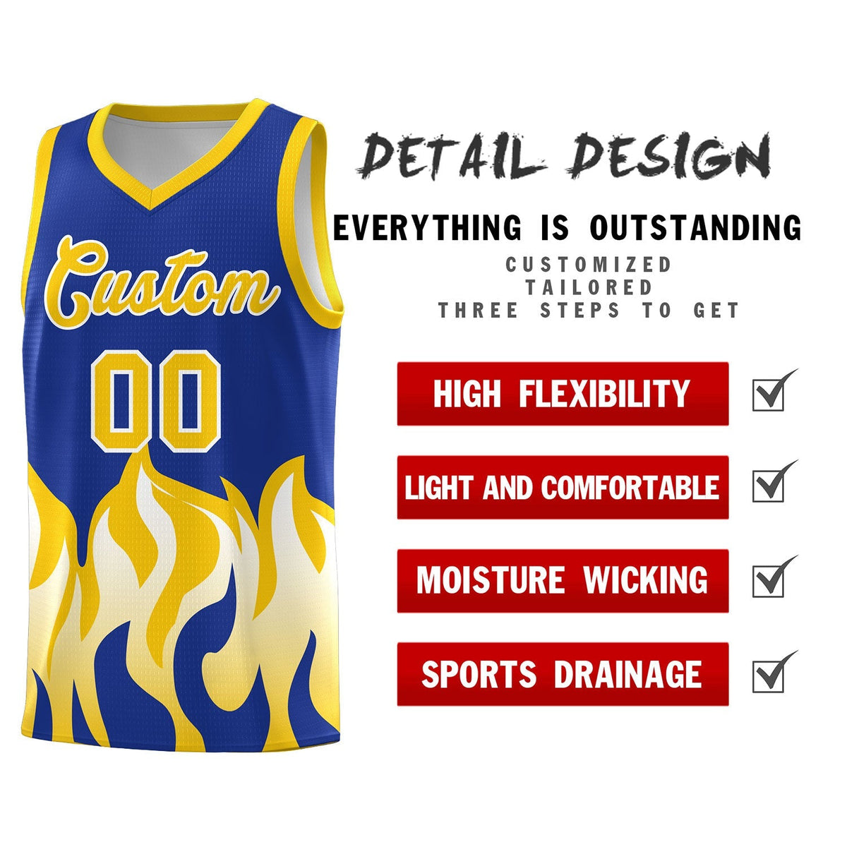 Custom Royal Gold Hem Flame Pattern Fashion Sports Uniform Basketball Kits