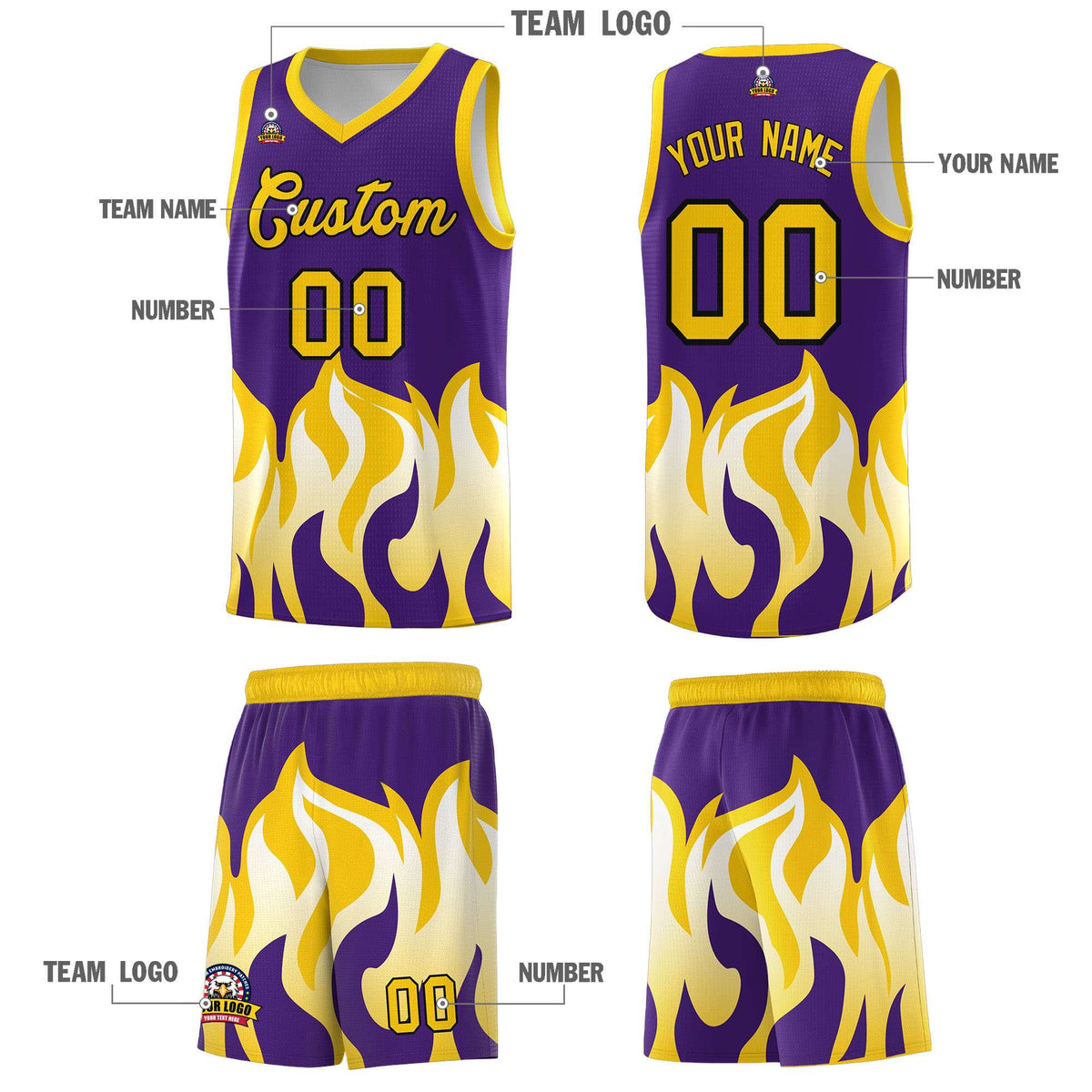 Custom Purple Gold Hem Flame Pattern Fashion Sports Uniform Basketball Kits