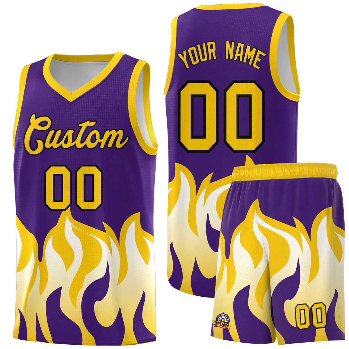 Custom Purple Gold Hem Flame Pattern Fashion Sports Uniform Basketball Kits