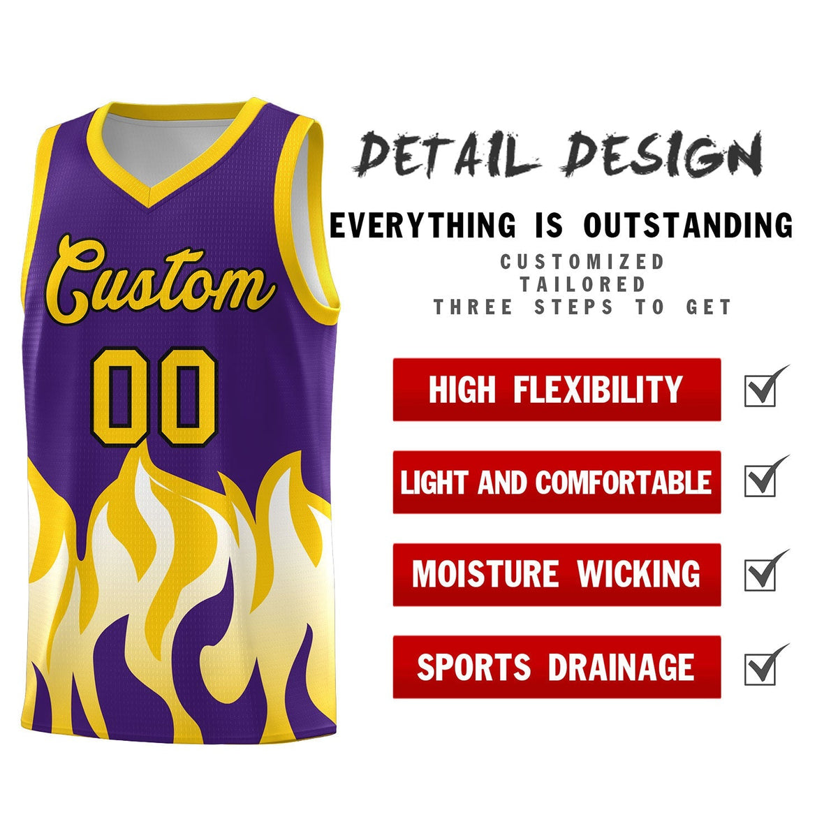 Custom Purple Gold Hem Flame Pattern Fashion Sports Uniform Basketball Kits