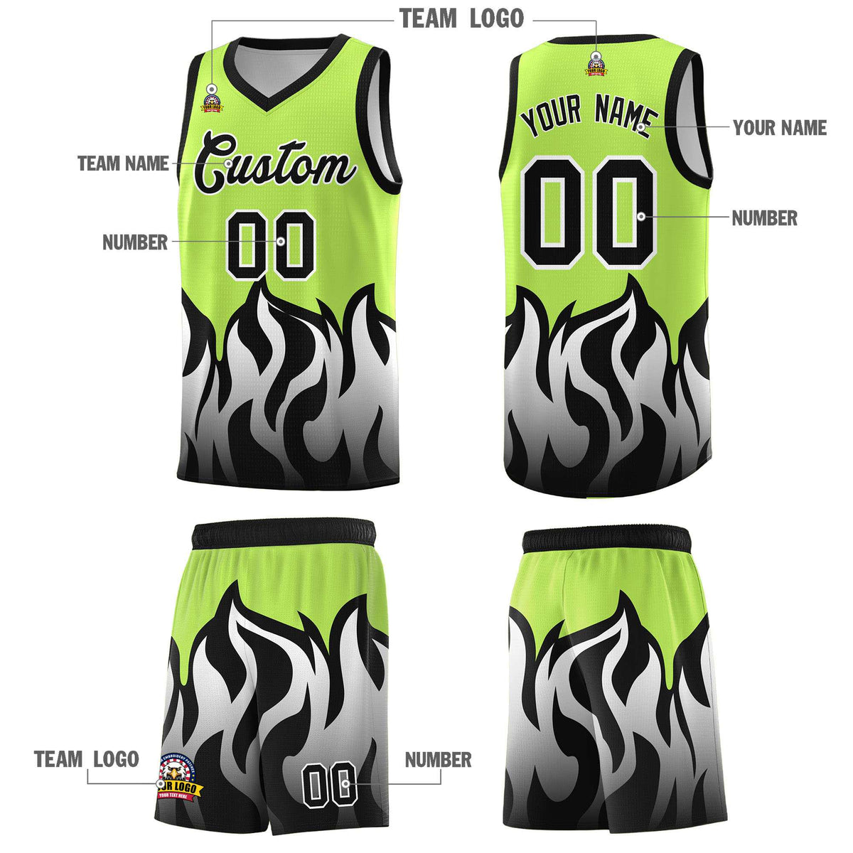 Custom Neon Green Black Hem Flame Pattern Fashion Sports Uniform Basketball Kits