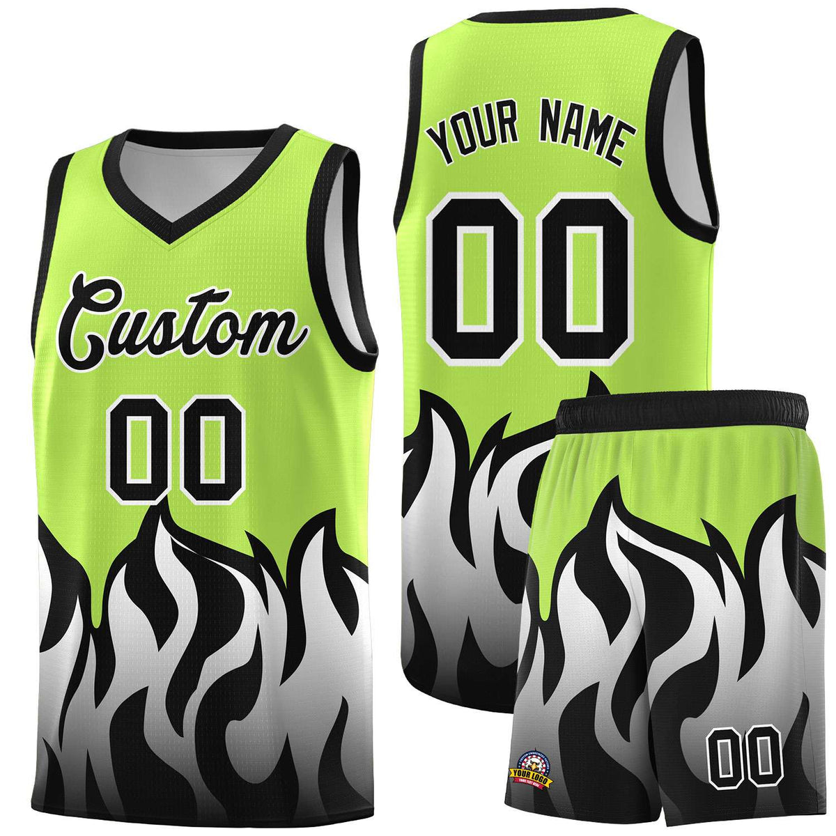 Custom Neon Green Black Hem Flame Pattern Fashion Sports Uniform Basketball Kits