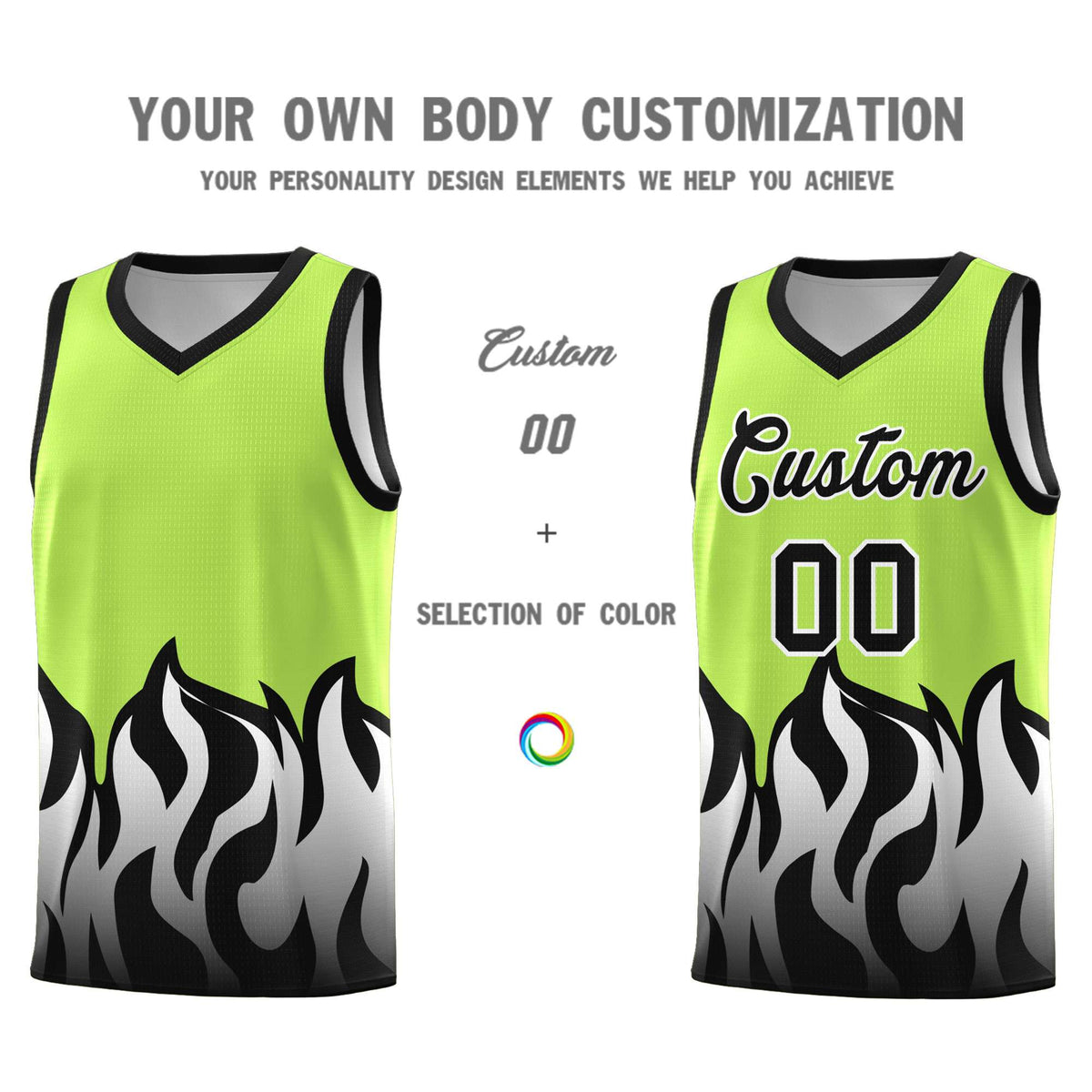 Custom Neon Green Black Hem Flame Pattern Fashion Sports Uniform Basketball Kits