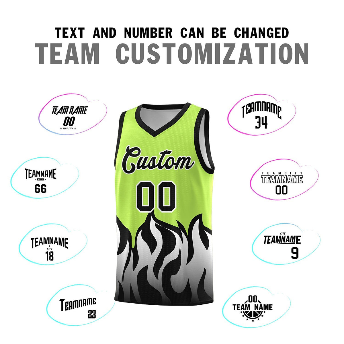 Custom Neon Green Black Hem Flame Pattern Fashion Sports Uniform Basketball Kits