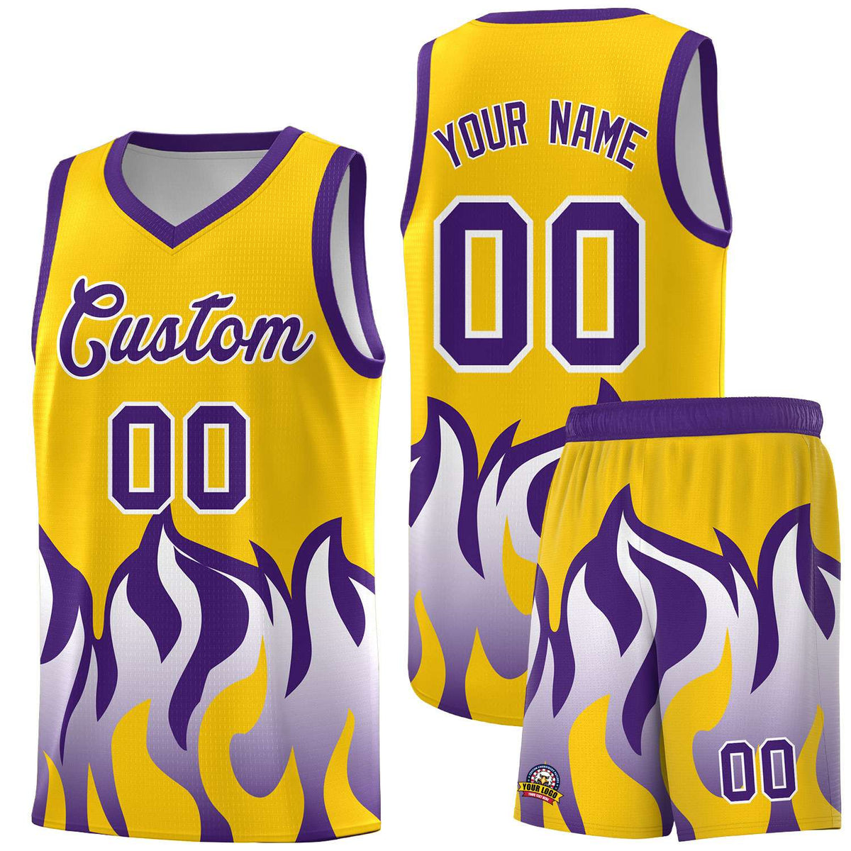 Custom Yellow Purple Hem Flame Pattern Fashion Sports Uniform Basketball Kits