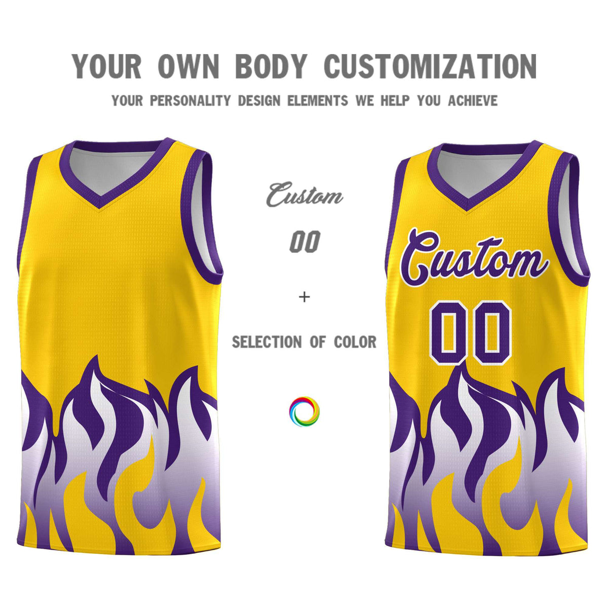 Custom Yellow Purple Hem Flame Pattern Fashion Sports Uniform Basketball Kits