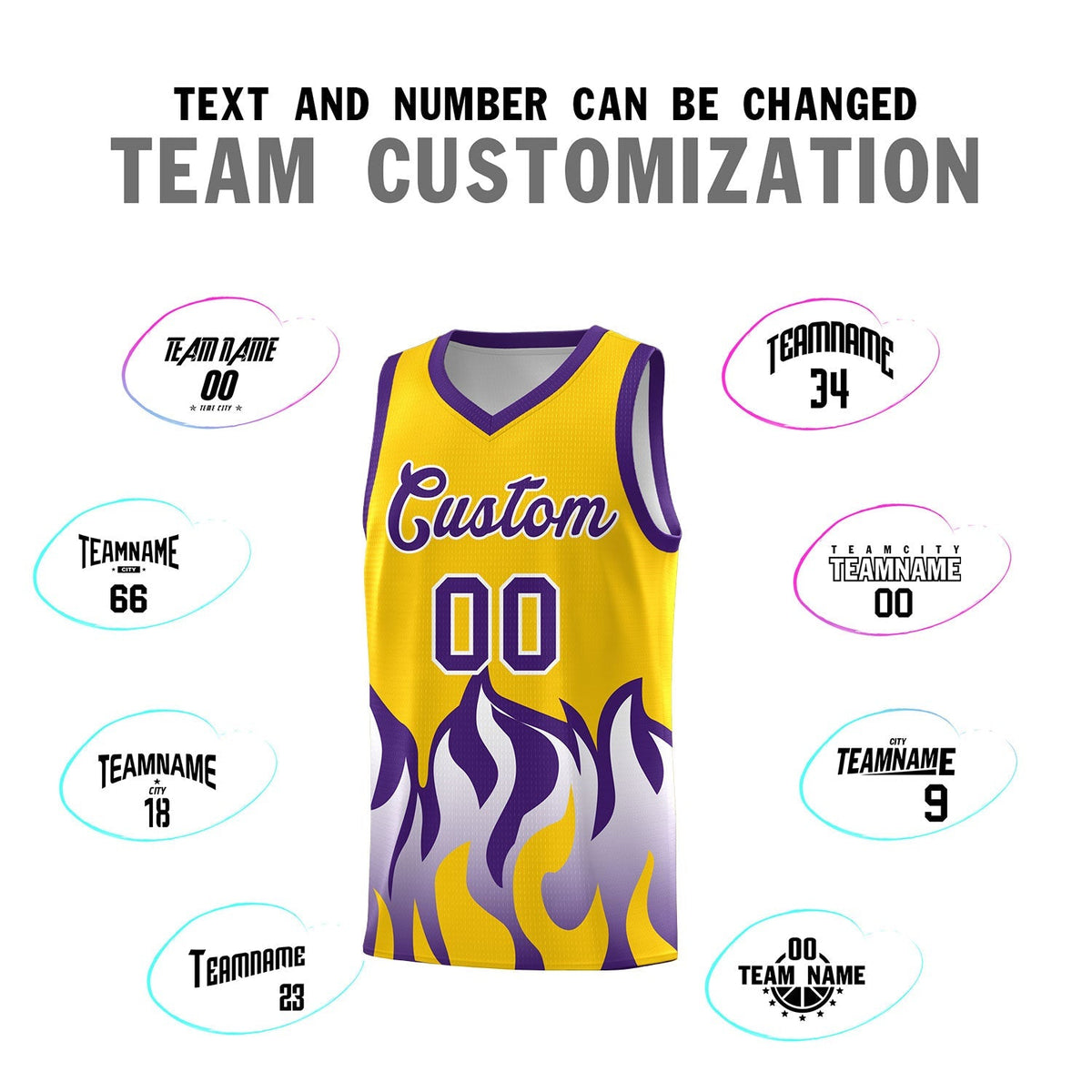 Custom Yellow Purple Hem Flame Pattern Fashion Sports Uniform Basketball Kits