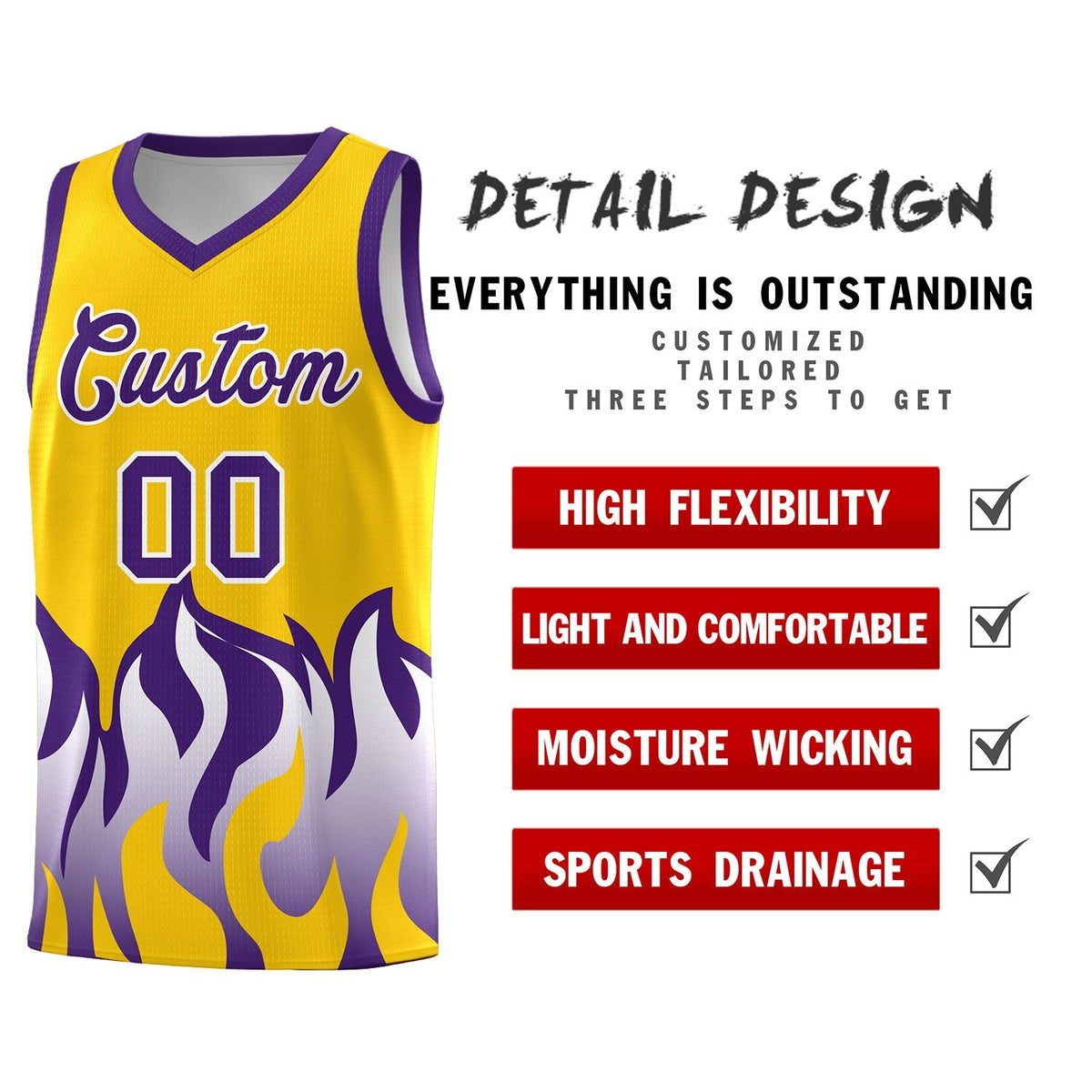 Custom Yellow Purple Hem Flame Pattern Fashion Sports Uniform Basketball Kits