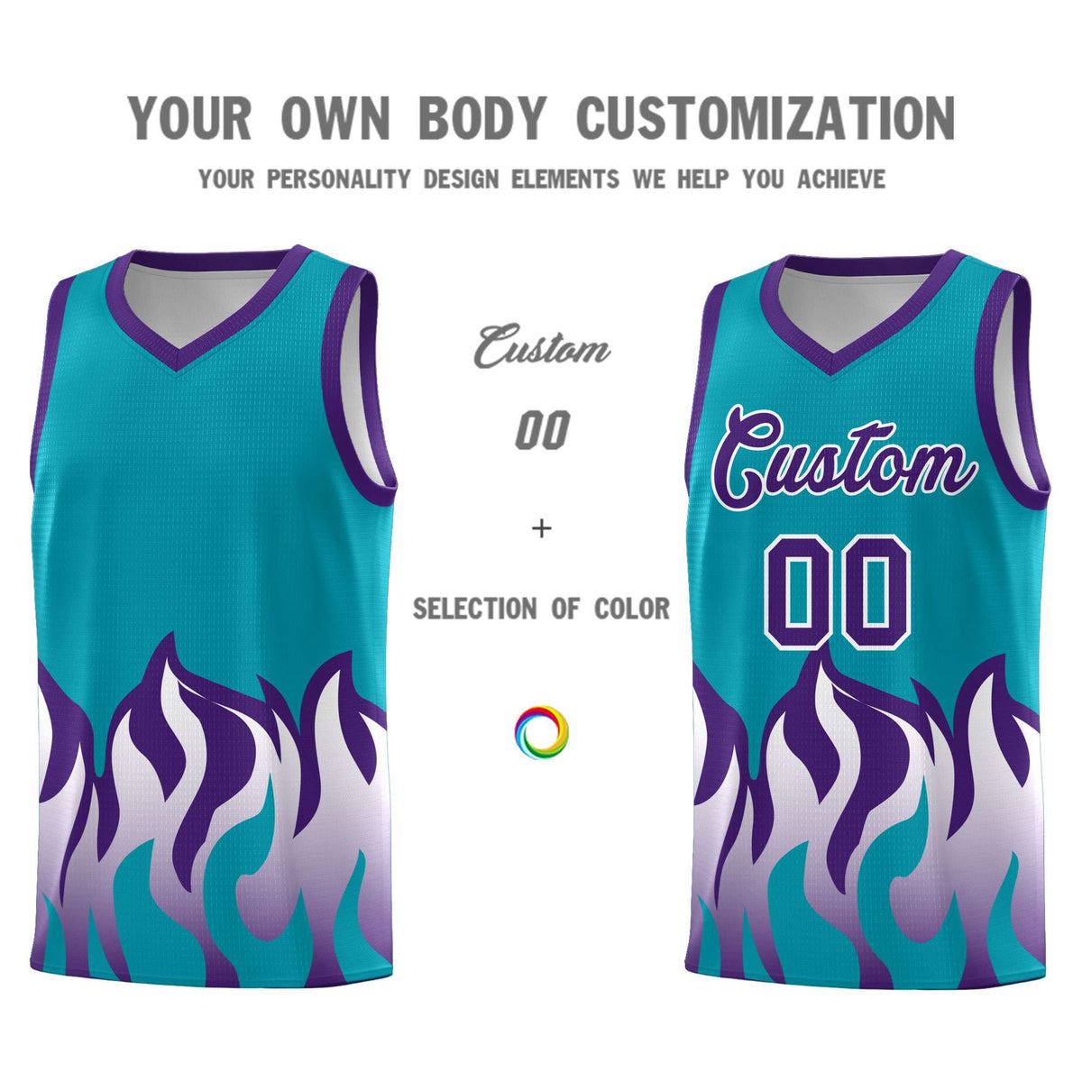 Custom Aqua Purple Hem Flame Pattern Fashion Sports Uniform Basketball Kits